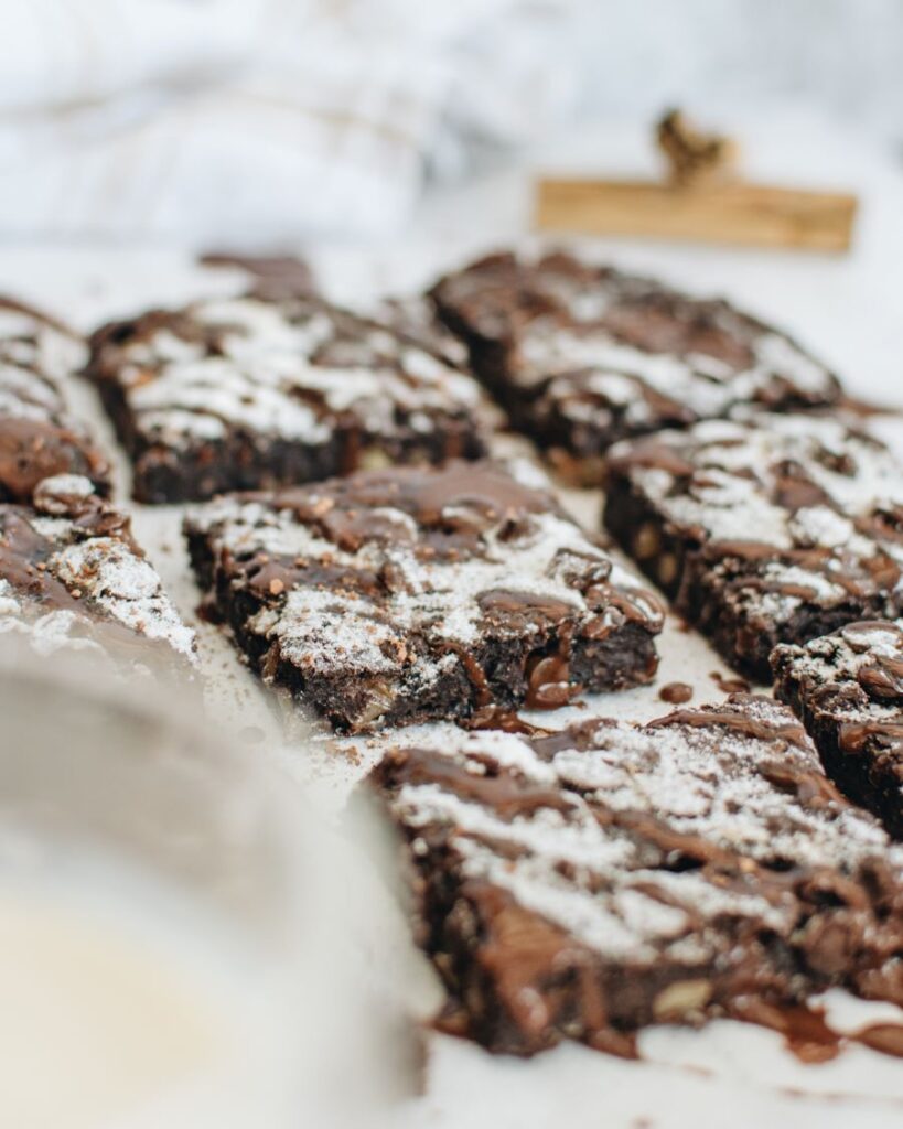Black bean brownies on a white surface.