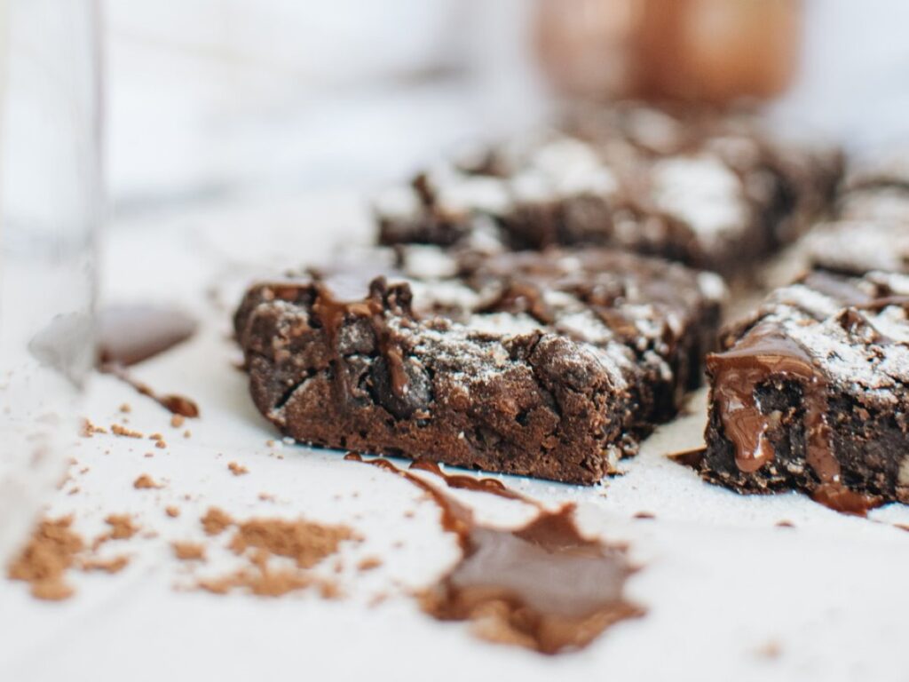 Black bean brownies on a white surface.