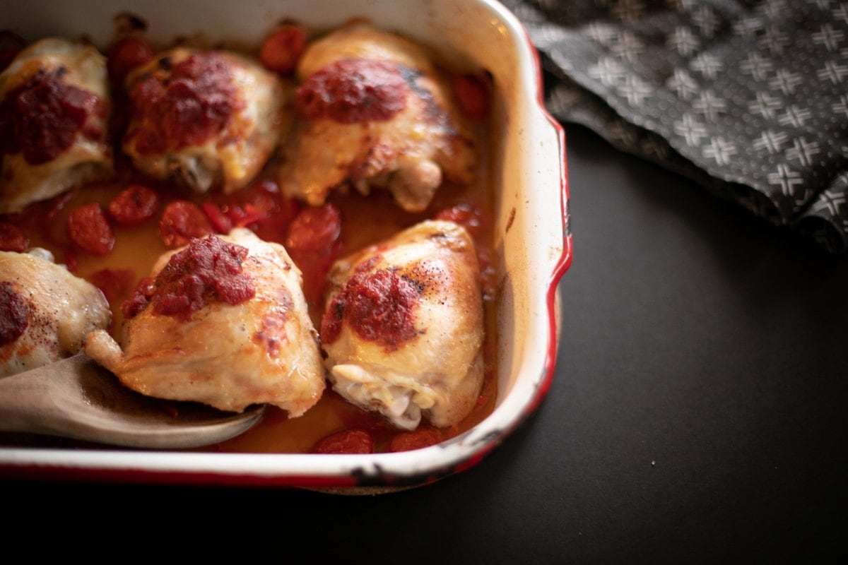 Roasted Red Pepper Chicken in a baking dish.