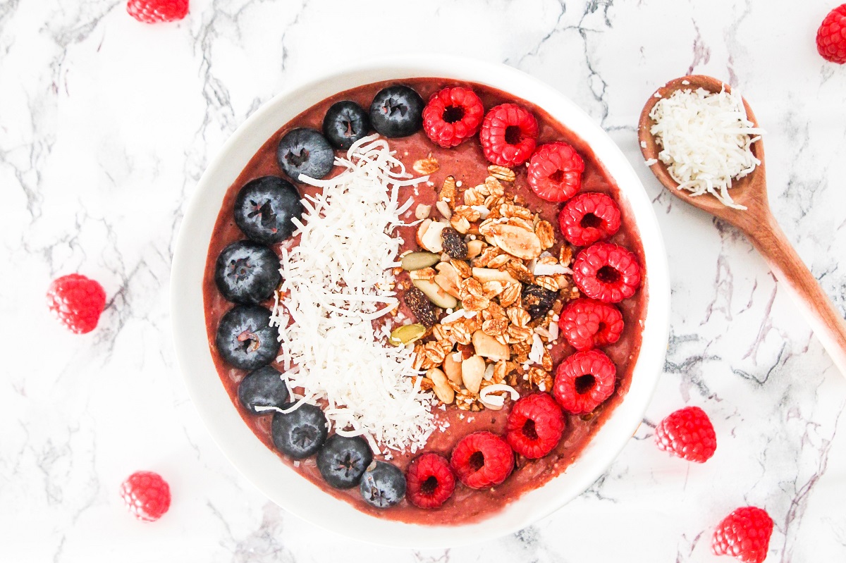 Chocolate Raspberry Smoothie Bowl in a white bowl.