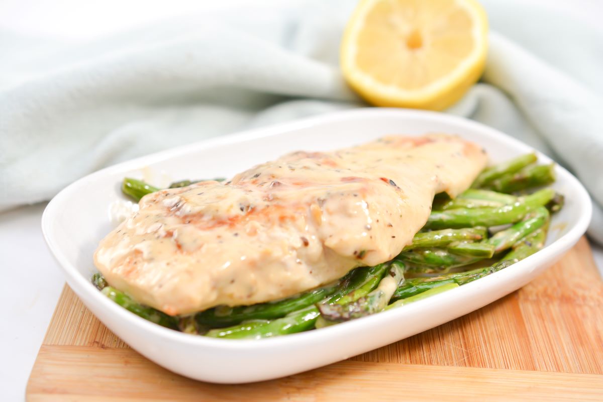 Pan Fried Lemon Chicken and Asparagus in a white bowl.