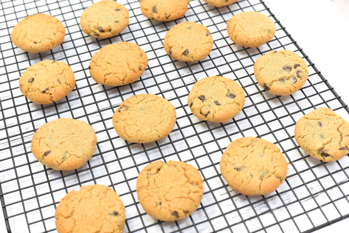 A batch of freshly baked chocolate chip cookies cooling on a black wire rack. The cookies are evenly spaced and golden brown, with some displaying visible chocolate chips. The wire rack rests on a white surface.
