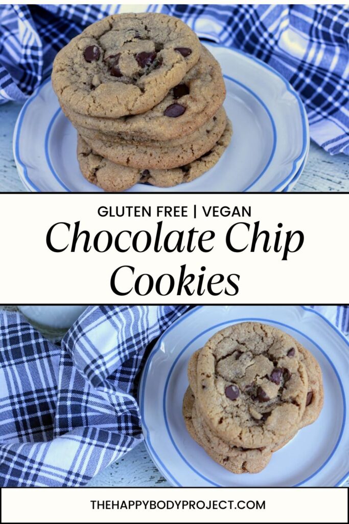 A stack of gluten-free vegan chocolate chip cookies sits invitingly on a white plate with a blue rim. In the background, a blue and white checkered cloth adds charm to the rustic surface. Text proudly highlights: "Gluten Free | Vegan Chocolate Chip Cookies.