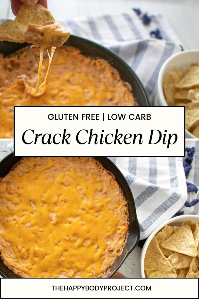 A skillet filled with golden, melted cheese is placed on a striped cloth. A hand dips a tortilla chip into the cheesy mixture. Text overlay reads "Gluten Free | Low Carb Crack Chicken Dip." A bowl of tortilla chips is beside the skillet.