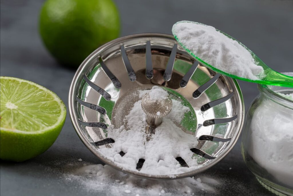 A metal citrus juicer holds a mound of white baking soda, showcasing its versatility in various baking soda solutions. A green spoon with more baking soda rests on the edge of a glass jar. In the background, a sliced lime offers a pop of color against the dark surface.