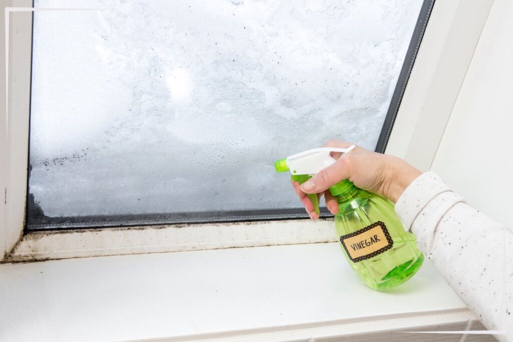 A person cleaning a window with a spray bottle labeled "vinegar." The window frame and sill are visible, and the glass appears foggy or dirty. The background is out of focus.