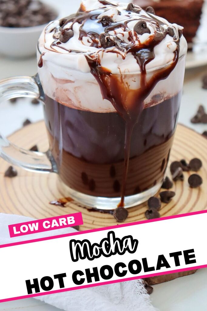 A glass mug filled with hot chocolate topped with whipped cream, chocolate syrup, and chocolate chips. The text "Low Carb Mocha Hot Chocolate" is at the bottom. Chocolate chips are scattered around the wooden coaster.