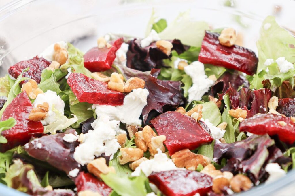 Beetroot Salad with Goat Cheese in a bowl.