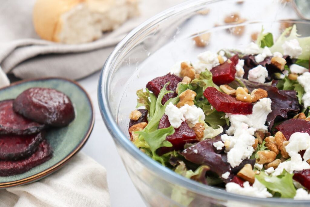 Beetroot Salad with Goat Cheese in a bowl.