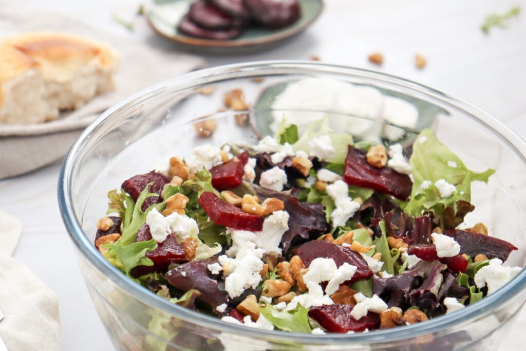 Beetroot Salad with Goat Cheese in a bowl.