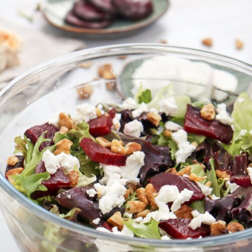 Beetroot Salad with Goat Cheese in a bowl.