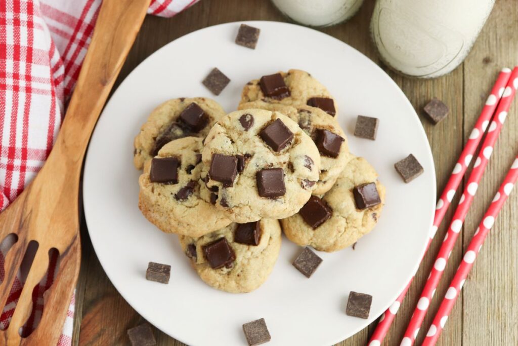 Gluten Free Dark Chocolate Chip Cookies on a white plate.