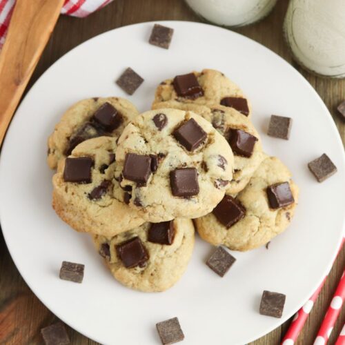 Gluten Free Dark Chocolate Chip Cookies on a white plate.
